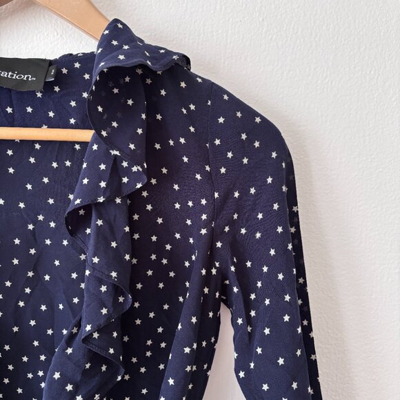 Realisation Par Alexandra Ruffled Silk Wrap Mini Dress Navy Star Print - Picture 6 of 9